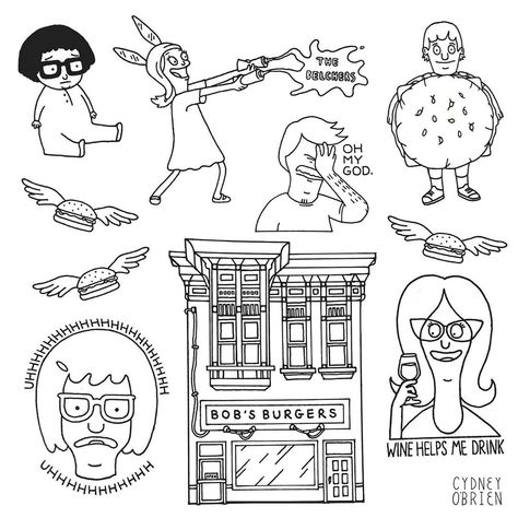 @cydneyobrien.art on Instagram: “• bobs burgers flashhhh 🍔 swipe for colour 🌈” Bobs Burgers Drawing, Bobs Burgers Flash Tattoo, Bobs Burgers Coloring Pages, Bobs Burgers Art, Subtle Bobs Burgers Tattoo, Bobs Burgers Matching Tattoos, Bobs Burgers Tattoo Ideas, Bobs Burgers Sketch, Small Bobs Burgers Tattoo