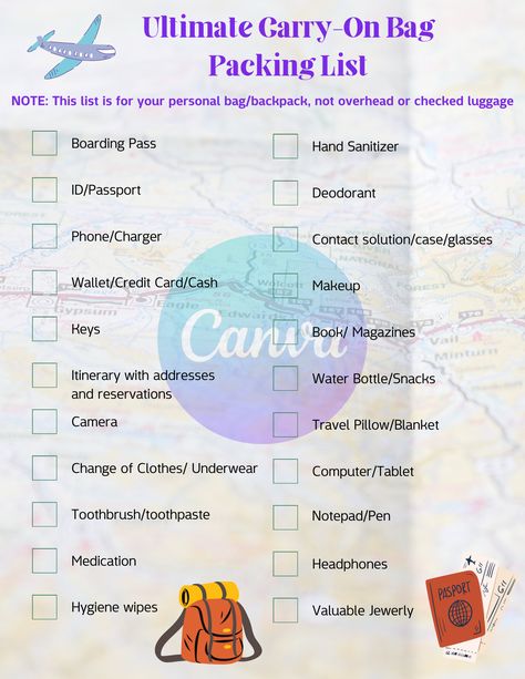 This listing is for a printable Ultimate Carry-on Bag Packing List. Lists everything you will need for a plane ride. Printed on a tan map background. PLEASE NOTE: This listing is for a digital product. Nothing physical is being shipped. Product created by me on Canva. Canva logo is removed on the download. PRODUCT DETAILS: -Print File on 8.5 x 11 size paper -This File is a PDF -This File is not editable -This item is available for personal use only. The item can not be used for commercial purpos Packing List For Carry On Bag, Plane Ride Essentials, Plane Essentials, Bag Packing List, Stationery List, Contact Solution, Travel Planner Template, Hanukkah Crafts, Canva Logo