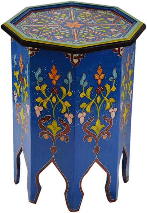 Bohemian Side Table, Side Table Painted, Moroccan Side Table, Moroccan Decor Living Room, Hand Painted Dressers, Moroccan Table, Coffee Sofa, Wood Plant Stand, Wood Room