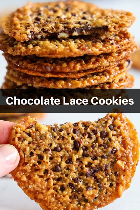 close up image of chocolate lace cookies Lace Chocolate Chip Cookies, Italian Lace Cookies, Easy Lace Cookies, Lace Cookies With Chocolate, Lattice Cookies Recipe, Easy Florentines Recipe, Lace Florentine Cookies, Christmas Lace Cookies, Florentine Lace Cookies 12 Tomatoes