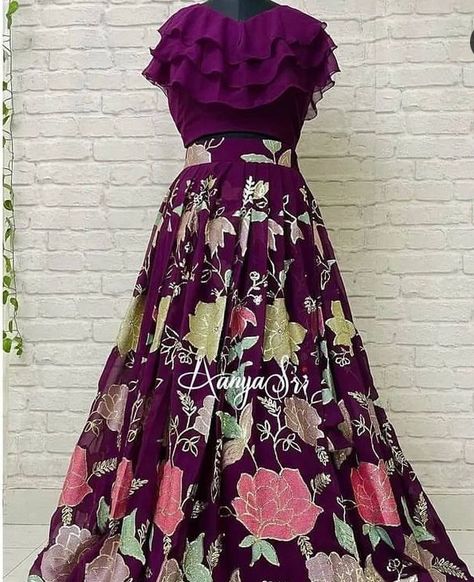 Ruffle Lehanga For Women, Ruffle Hands For Long Frocks, Festive Traditional Wear With Ruffles For Navratri, Traditional Long Skirt With Ruffles, Ruffled Dresses For Navratri, Lengha For Women, Purple Lehenga Choli, Ruffle Blouse Designs, Latest Blouse Neck Designs