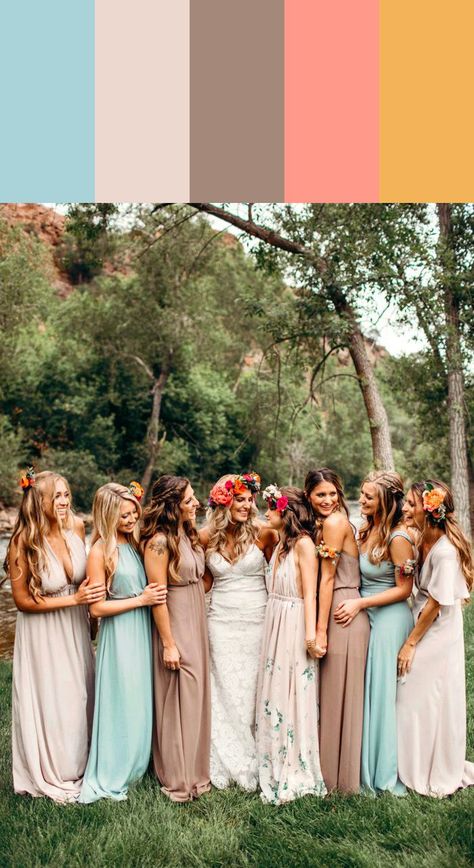 Fresh spring vibes from this delicate yet fun bridesmaid color scheme | Image by Shannon Lee Miller Bridesmaid Dresses Color Palette, Bridesmaid Color Scheme, Bridal Party Color Schemes, Bridesmaid Color, Floral Bridesmaids, Boho Wedding Bridesmaids, Mismatched Dresses, Shannon Lee, Bridal Parties Colors