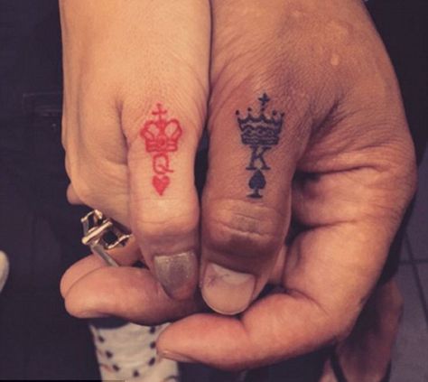 ❤️ Bonnie And Clyde Tattoo Ideas, Couples Hand Tattoos, Bonnie And Clyde Tattoo, Engagement Tattoos, Couple Name Tattoos, King Queen Tattoo, Him And Her Tattoos, Ring Tattoo Designs, Couple Tattoos Unique