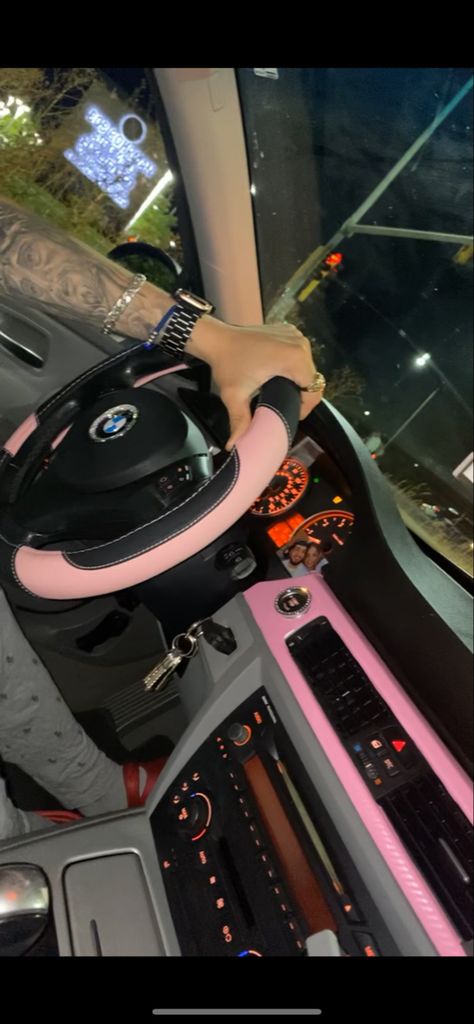 Pink And Black Car Interior, Bmw Pink Interior, Pink Interior Car, Black Exterior Pink Interior Car, Black Cars With Pink Interior, Mercedes Amg Pink Interior, Black Car With Pink Details, Pink Fluffy Car Interior, Car Led Lights Interiors Pink