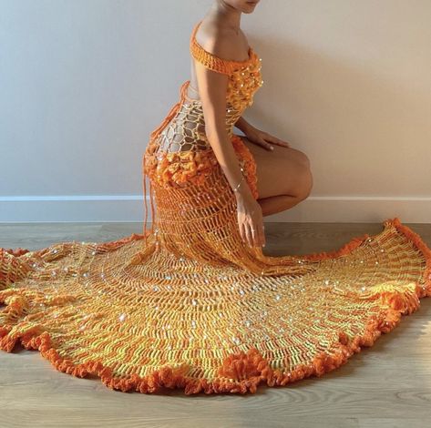 Crochet Dress Aesthetic Outfit, Aesthetic Crochet Ideas Dress, Crochet Knit Dress Aesthetic, Orange Crochet Dress, Fairy Crochet Dress, Earthy Outfits, Crochet Clothing And Accessories, Butterfly Dress, Crochet Fashion Patterns