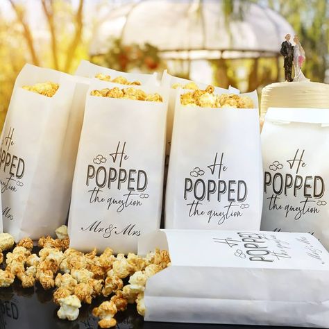 He Popped The Question Popcorn, Popped The Question Popcorn, Casual Engagement Party, Popcorn Bags Wedding, Snack Treat Bags, Backyard Engagement Parties, He Popped The Question, Engagement Party Themes, Popcorn Wedding