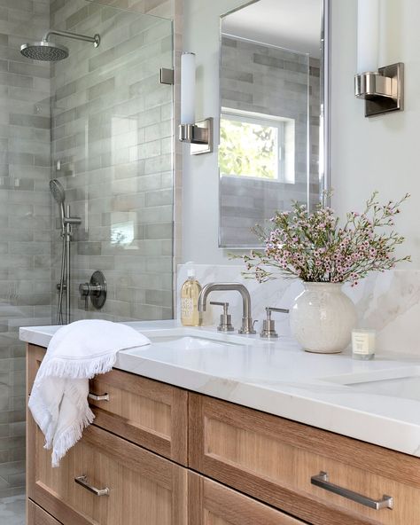 Warm white oak vanity with drawers in bathroom remodel by Marin interior designer California Daydreams. White Bathroom Vanity With Wood Countertop, Bathroom With White Oak Vanity, White Oak Master Vanity, White Oak Vanity Bathroom, California Casual Bathroom, White Marble Bathroom Floor Wood Vanity, Reeded White Oak Vanity, Interior Design California, Oak Vanity Bathroom