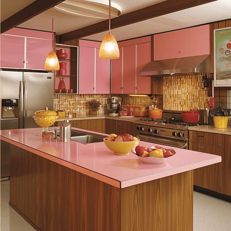 Mid-century modern kitchen featuring versatile, seamless laminate surfaces in countertops and cabinets with various colors and patterns3 60s Kitchen Modern, Coral Kitchen Island, Good Kitchen Design, Adding Color To All White Kitchen, Pink Mid Century Kitchen, Funky Midcentury Modern, 70s Retro Kitchen, Test Kitchen Design, Modern 70s Home Kitchen