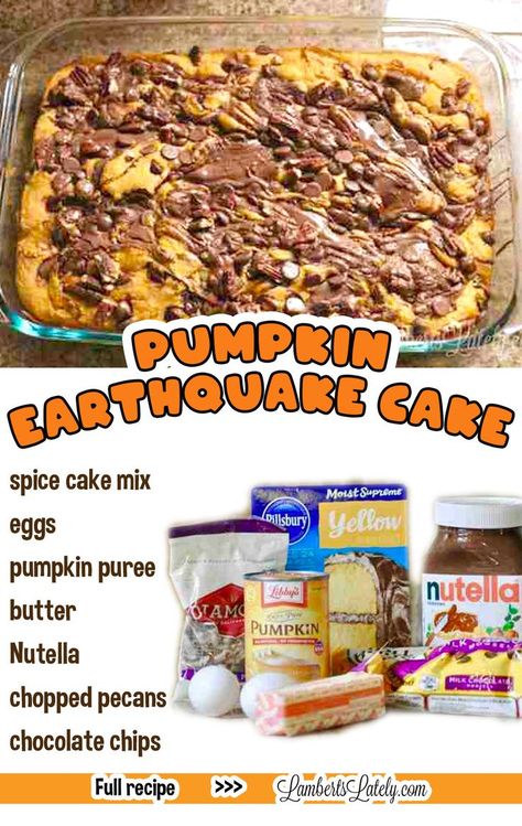 pumpkin earthquake cake, with ingredients list. Pumpkin Spice Cake Mix, Pumpkin Earthquake Cake, Earthquake Cake Recipes, Fall Treats Recipes, Cake With Nutella, Pumpkin Cake Mix, Healthy Thanksgiving Desserts, Spice Cake Mix And Pumpkin, Instant Pot Freezer Meals