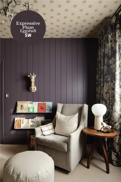 Modern Cottage Bedroom, Plum Walls, Homework Room, Cabinet Paint Colors, Chris Loves Julia, Plank Walls, Cottage Bedroom, Modern Cottage, Rooms Reveal