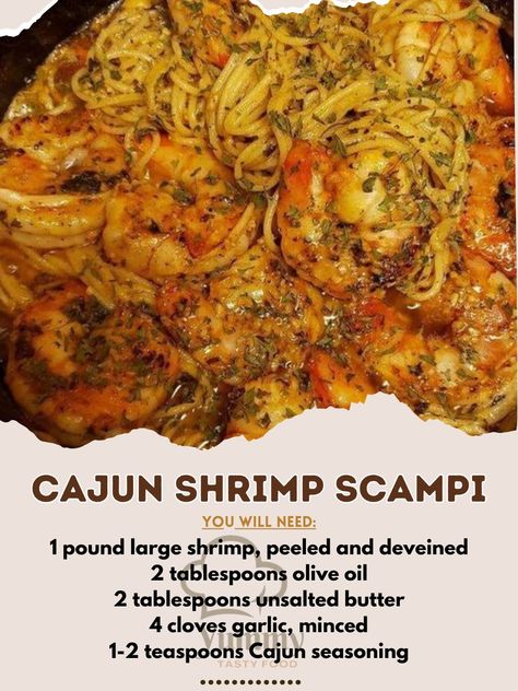 Cajun Shrimp Scampi combines the classic garlic and lemon flavors of traditional scampi with the spicy kick of Cajun seasoning, creating a bold and flavorful dish. This recipe is quick and easy to prepare, making it perfect for a weeknight dinner that still feels special. Here's how to make it: Cajun Shrimp Scampi Recipe 🍤🌶️ Spice up your dinner routine with this deliciously zesty take on the classic shrimp scampi. Ingredients: 1 pound large shrimp, peeled and deveined 2 tablespoons olive... Shrimp Scampi Recipe Creamy, Cajun Shrimp Recipes For Dinner, Shrimp Scampi Recipe Easy, Cajun Shrimp Scampi Recipe, Cajun Shrimp Scampi, Shrimp Fettuccine Recipes, Classic Shrimp Scampi, Best Shrimp Scampi Recipe, Shrimp Scampi Ingredients