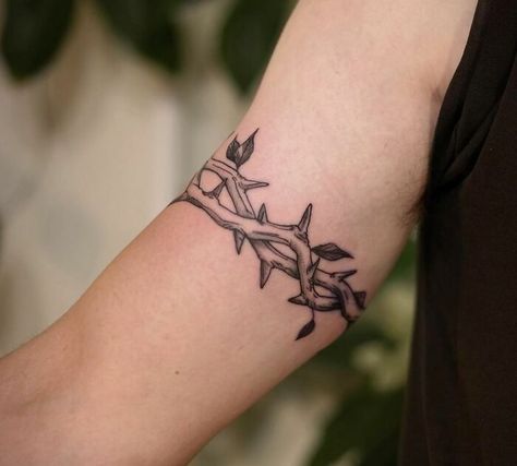 Barb Wire Vine Tattoo, Thorn Armband Tattoo, Tree Branch Wrap Around Tattoo, Vines Filler Tattoo, Plant Band Tattoo, Vine And Thorn Tattoo, Thorns Tattoo Vines, Matching Arm Band Tattoos, Rose Thorn Tattoo Vines