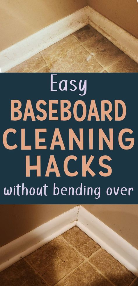 Pin title reads "Easy baseboard cleaning hacks without bending over." Before image shows a dirty white baseboard with dust, grim and hair on it. After image shows clean white baseboard after using these easy ways to clean baseboards without bending over What To Clean Baseboards With, Best Way To Clean Walls And Baseboards, Easy Ways To Clean Baseboards, How To Clean Walls And Baseboards, Easy Baseboard Cleaning, How To Clean Baseboards Without Bending, Base Board Cleaning Hack, Baseboard Cleaning Solution, Easiest Way To Clean Baseboards