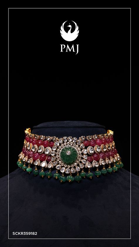 Pmj Jewellery, Mugal Jewellery, Polki Necklace Choker, Gold Jada, Choker Necklace Indian, Ruby Choker, Studded Choker, Green Jewellery, Polki Choker