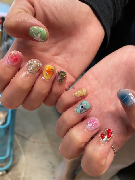 Garbo Zhu Nails, Peggy Gou Nails, Korean Nail Art Short Nails, Short Maximalist Nails, Fun Short Nails, Tokyo Nails, Color Block Nails, Mens Nails, Hello Nails