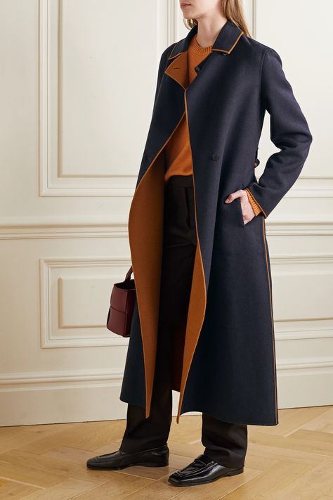 A stylish two-in-one, Loro Piana's coat comes in a classic navy hue and reverses to an equally versatile camel color that peeks out at the notched lapels. Made in Italy from soft cashmere, it has a relaxed, longline shape and cinches in at the waist with a leather-trimmed belt. Casual Leather Jacket Outfit, Tweed Jacket Outfit, Silk Coat, Stylish Winter Outfits, Reversible Coat, Classic Coats, Blue Coats, Fall Coat, Abayas Fashion