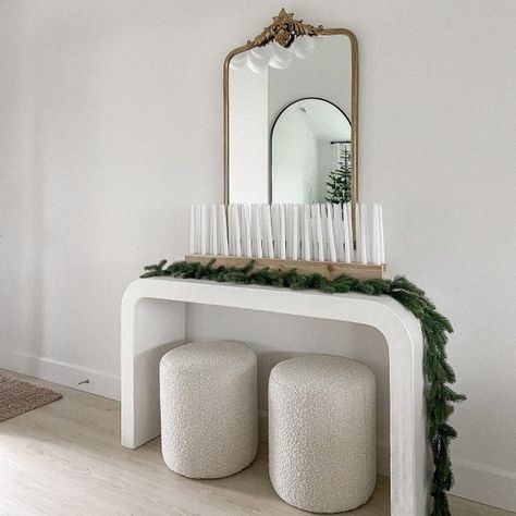 Interior design is even more fun with modern interior inspiration. Upload your own photos or sift through others'. Follow us at the hashtag #MyCB2. Horseshoe Ivory Lacquered Linen 52" Console Table, Horseshoe Console Table, Linen Console Table, Rounded Console Table, White Console Table Decor, Spanish Modern Interior, White Entryway Table, Modern Console Table Entryway, Modern Entry Table