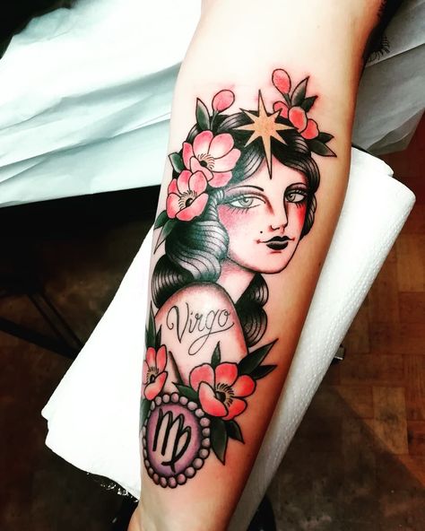 American Traditional Virgo Tattoo, Traditional Virgo Tattoo, Neo Traditional Virgo Tattoo, Virgo Goddess Tattoos For Women, Virgo Tattoo Goddesses, Best Virgo Tattoos, Virgo Zodiac Sign Tattoo Design, Virgo Women Tattoo, Virgo Tattoo Designs For Women