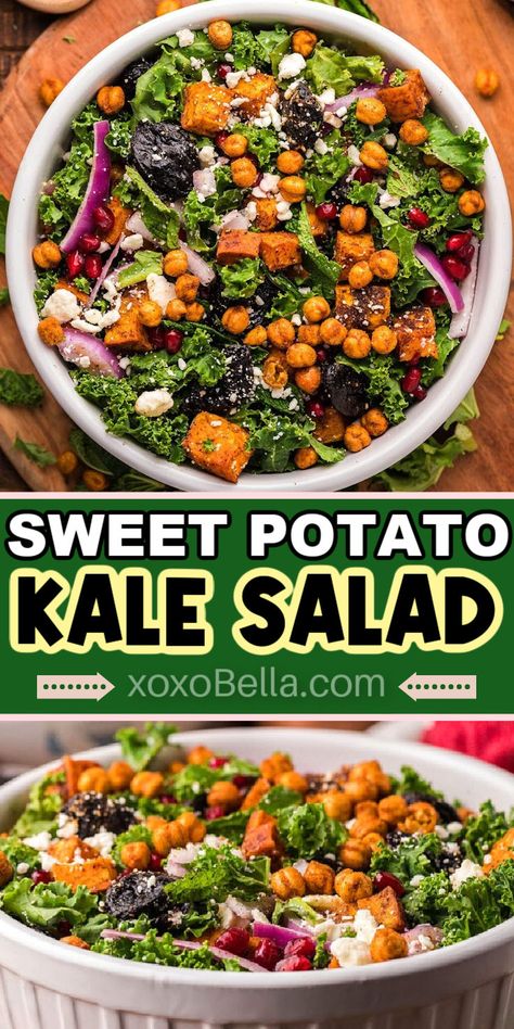 two close up photos of Sweet Potato Kale Salad Kale Superfood Salad, Roasted Sweet Potato Kale Salad, Kale Salad Meal Prep, Sweet Potato Salad Bowl, Sweet Potato Recipes Salad, Kale Salad Recipes Healthy, Kale And Sweet Potato Salad, Healthy Salad Ideas, Sweet Potato Kale Salad