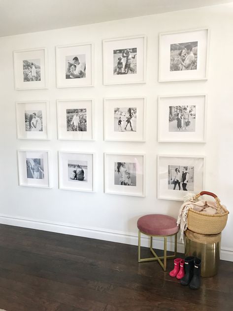 Gallery Wall White Frames, Hallway Gallery Wall, Hallway Entry, Picture Gallery Wall, Modern Rustic Living Room, Living Space Decor, Family Photo Wall, Wall White, Photo Wall Gallery