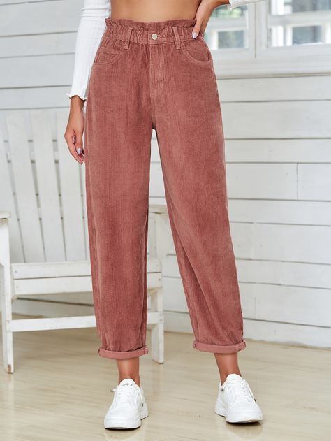 Paperbag Waist Corduroy Pants | SHEIN USA Corduroy Pants Women, Lace Dress Design, Winter Attire, Fashion Top Outfits, Coat Women Fashion, Women Pants, Basic Outfits, Inspiration Mode, Corduroy Pants