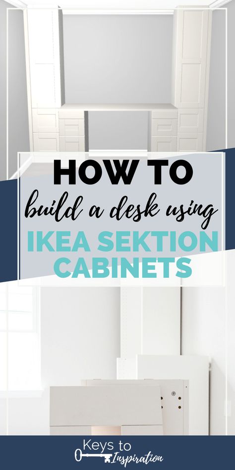 How to Build a Desk using IKEA SEKTION Cabinets {One Room Challenge Week 2} Built In Office Desk And Cabinets Ikea, Ikea Office Desks, Built In Desk Hack, Diy Desk From Cabinets, Ikea Built In Desk Hack Home Office, Ikea Sektion Home Office, Built In Desk And Shelves Ikea Hack, Ikea Sektion Office, Ikea Metod Home Office