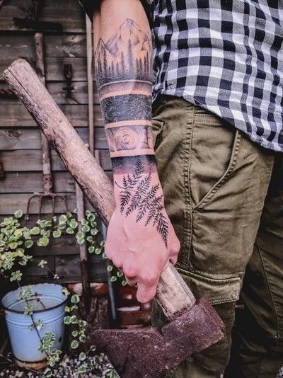 Lumberjack Tattoo, Mountain Sleeve Tattoo, Small Nature Tattoo, Camping Tattoo, Tree Tattoo Men, Jack Tattoo, Forearm Tattoo Quotes, Sacred Tattoo, Cowboy Tattoos