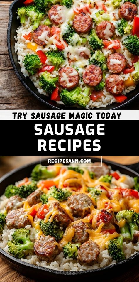 I love whipping up this savory sausage and broccoli skillet! With fluffy rice, vibrant veggies, and a cheesy topping, it's a simple yet flavorful meal. Perfect for busy weeknights when you want something hearty and satisfying! Keto Recipes With Sausage Ground, Rice Sausage Broccoli, Summer Sausage Skillet, Lunch With Sausage, High Protein Sausage Meals, Ground Sage Sausage Recipes, Andouille Sausage Recipes Healthy, Sausage Dishes For Dinner, Venison Sausage Recipe Dinners