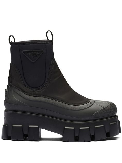 Prada Monolith Boots, Prada Monolith, Chunky Ankle Boots, Shoes Outfit Fashion, Lug Sole Boots, Triangle Logo, Chunky Boots, Prada Shoes, Mid Calf Boots