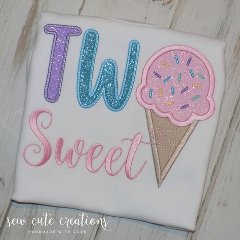 "This personalized Two Sweet Ice Cream birthday shirt is perfect for your Ice Cream second birthday party. This Two Sweet Birthday outfit features the design with \"T\" and \"W\" with the ice cream cone as the \"O\" with Sweet embroidered below. Your child's name can be embroidered above the design. All fabrics and colors can be changed to go with your party colors. It is a fun ice cream 2nd birthday outfit. Can be made without glitter and in boyish colors for boys birthday parties. This Two Swe Two Sweet Ice Cream Party, Cream Party Outfit, Ice Cream 2nd Birthday, Peppa Pig Birthday Outfit, Girl Dinosaur Birthday, Transportation Birthday, 2nd Birthday Outfit, Party Colors, Coloring For Boys