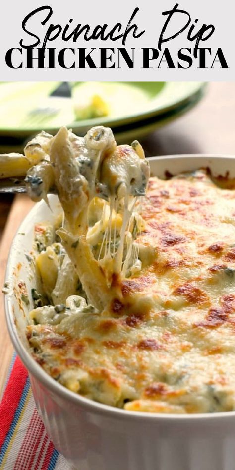 Spinach Dip Chicken Pasta in a baking dish. Spinach Dip Dinner Recipes, Spinach Dip Chicken Pasta, Recipes For Dinner With Spinach, Spinach Dip Chicken Casserole, Chicken And Spinach Dip, Spinach Pasta With Chicken, Cheesy Spinach Pasta, Spinach Dip Pasta Salad, Dinner Ideas With Chicken And Pasta