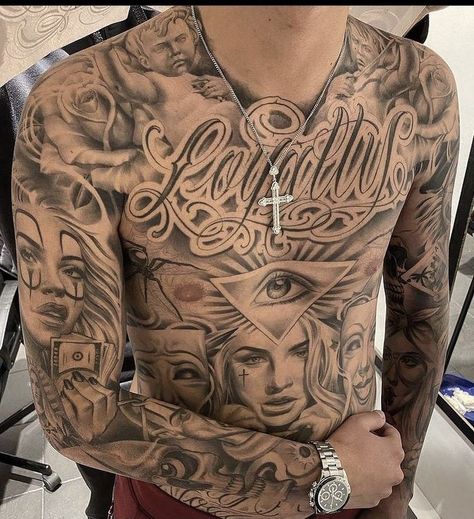 Mens Stomach Tattoo, Cholo Tattoo, Chest Tattoo Stencils, Arm Tattoos For Guys Forearm, Full Chest Tattoos, Chicano Tattoos Sleeve, Egyptian Tattoo Sleeve, Torso Tattoos, Skull Sleeve Tattoos