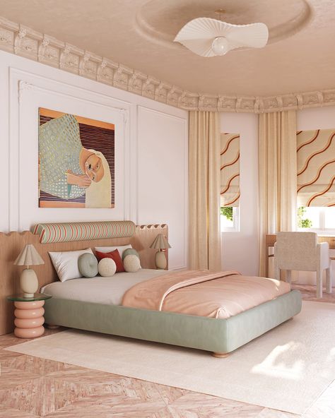 Pastel Bedroom Design :: Behance Pastel Bedroom Design, Pastel Interior Design, Pastel Bedroom, Large Bed, Pastel Room, Dream Home Design, Room Decor Bedroom, Interior Design Inspiration, Modern Bedroom