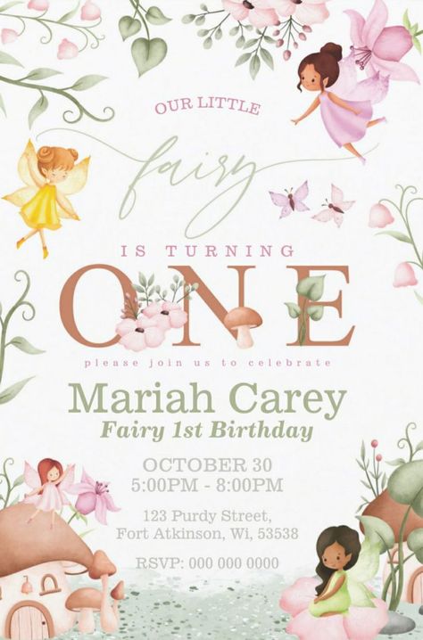 Magical Fairy 1st Birthday Party Invitations for Girls #PartyPicnic #PartyFavorites Fairy 1st Birthday Party, Fairy Garden Theme, Fairy Party Invitations, Fairy 1st Birthday, Fairy Theme Birthday Party, Rabbit Watercolor, Fairy Invitations, Fairytale Birthday, Fairy Garden Birthday Party