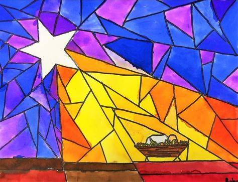 Christmas Craft Canvas, Preschool Nativity Art, Manger Scene Art For Kids, Middle School Nativity Art, Christmas Art Projects For Elementary Students, Nativity Art Preschool, Nativity Directed Drawing For Kids, Nativity Art Projects For Elementary, 8th Grade Christmas Art Project