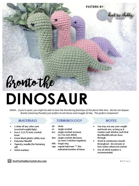 Crochet Dinosaur Patterns, Ornaments Crochet, Stitches Crochet, Easy Crochet Animals, Crochet Mignon, Quick Crochet Patterns, Crochet Dinosaur, Pola Amigurumi, Crochet Animals Free Patterns