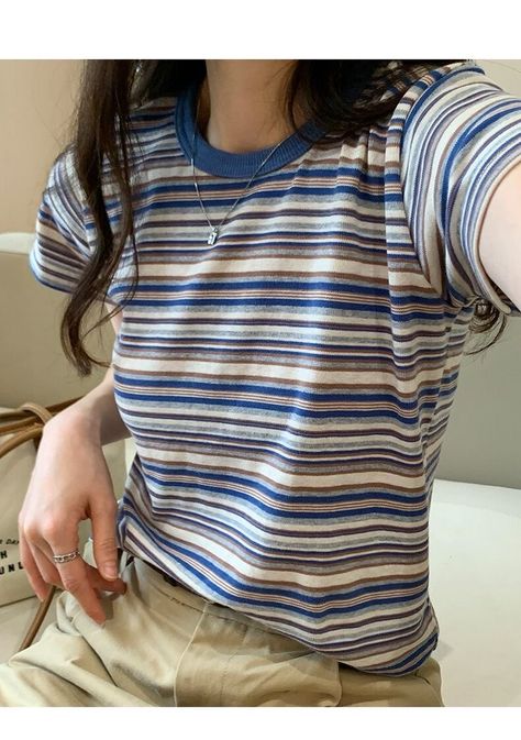 Short Sleeve Shirt Outfit, Striped Clothing, Basic Aesthetic, Striped Shirt Women, T Shirt Female, Stripe Outfits, Casual Shirt Women, T Shirts Women, Shirt Female