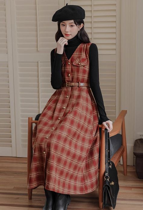 Button down plaid pinafore with faux chest pockets, side pockets and a belted waist. S: 33" chest, 26.5" waist, 45" lengthM: 34.5" chest, 28" waist, 45" lengthL: 36" chest, 29.5" waist, 45.5" lengthXL: 37.5" chest, 31" waist, 45.5" length Style For Older Women, Silly Outfits, Modern Dresses, Modest Fits, Pinafore Dress, Modern Dress, Fashion Korean, Overall Dress, Dress With Cardigan