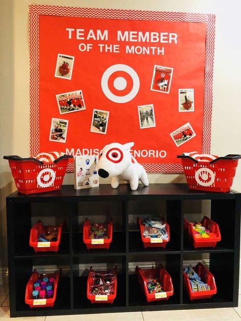 Target Store Birthday Party Ideas | Photo 6 of 16 | Catch My Party Target Themed Classroom, Bullseye Target Party, Starbucks Target Birthday, Classroom Target Store, Target Store Themed Birthday Party, Target Themed Party, Target Classroom, Target Boards, Target Birthday