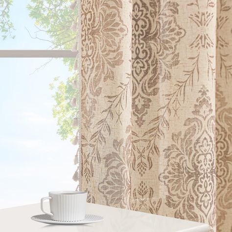 Breakfast Nook Curtains With French Wallpaper, Family Room Country Curtains, Modern Vintage Curtains, Masculine Window Treatments, Farmhouse Dining Room Curtains, Patterned Curtains Bedroom, Country Farmhouse Curtains, 63 Inch Curtains, Dining Room Curtain Ideas