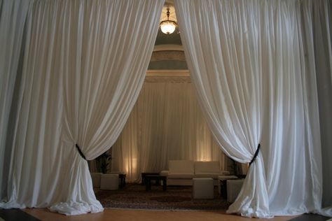 dramatic pipe and drape entrance Curtain Designs For Bedroom, Bedouin Tent, Wedding Draping, Event Entrance, White Wedding Decorations, Minimal Living Room, Set Dressing, White Drapes, Pipe And Drape