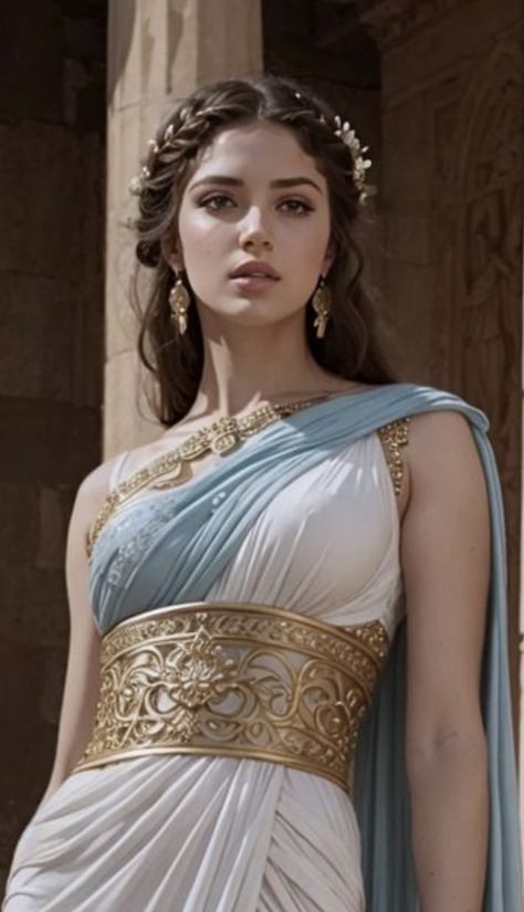 Ancient Greek Dresses Women, White And Gold Greek Goddess Dress, Philotes Greek Goddess, Roman Women Art, Athena Outfit Goddess, Roman Female Clothing, Roman Makeup Goddesses, Roman Costume Womens, Ancient Rome Outfits