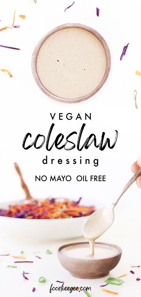 Easy homemade oil free no mayo coleslaw salad dressing recipe with apple cider vinegar & tahini. How to make healthy vegan coleslaw w' red cabbage & carrot for best ever coleslaw without oil, dairy free, gluten free, keto, paleo for vegan pulled pork #vegandressing #coleslawsalad #keto #howtomake #applecidervinegar #easy #nomayo #creamydressing #dairyfree #oilfree #bestcoleslaw #rawvegan #tahini #tahinidressing #raw #saladdressing #vegansauce #vegansalad #healthysalad #healthydinner #paleo Vegan Coleslaw Recipe No Mayo, Vegan Mayo Dressing, Oil Free Coleslaw Dressing, Vegan Slaw Dressing, Vegan Coleslaw No Mayo, Oil Free Salad Dressing Vegan, Oil Free Dressing Vegan, Dairy Free Coleslaw Dressing, Paleo Coleslaw Dressing