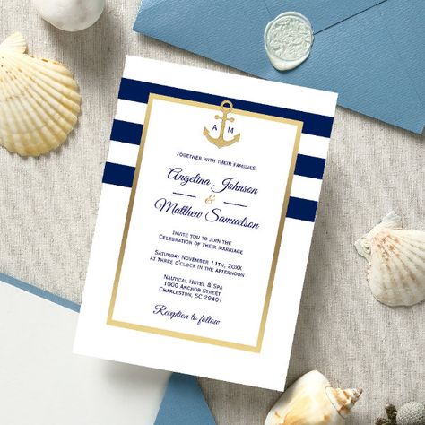 Elegant Navy Blue White Gold Nautical Wedding Invitation Anchor Wedding Invitations, Navy White Wedding, Wedding Invitations Blue, Navy Blue Wedding Theme, Blue Wedding Stationery, White Stripes Wedding, Striped Wedding Invitations, Nautical Invitations, Wedding Cruise