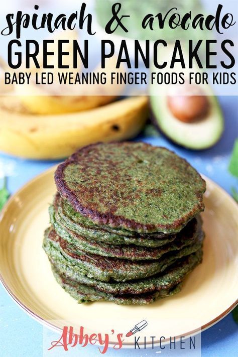 I share these baby spinach and avocado green pancakes as a perfect BLW easy finger food for kids, toddlers and babies – and adults even love them, too! #abbeyskitchen #blwrecipe #greenpancakes Finger Food For Kids, Avocado Baby Food, Green Pancakes, Finger Foods For Kids, Baby Breakfast, Blw Recipes, Led Weaning Recipes, Avocado Baby, Foods For Kids