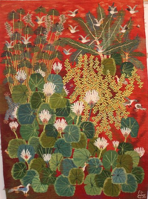 Lotus Flowers, 2016, Nadia Mohamed, Wool Tapestry, Ramses Wissa Wassef Art Centre, 2014, 1.87 x 1.33 meters Wool Tapestry, Art Centre, Nile River, Lotus Flowers, Village Life, Japanese Prints, Tapestry Weaving, Art Graphique, Botanical Illustration