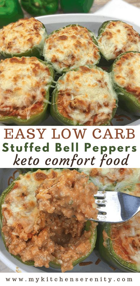 The best low carb stuffed bell peppers! Ground beef, creamy tomato sauce, and cauliflower rice baked inside a bell pepper.  Topped with mozzarella cheese! MyKitchenSerenity.com Low Carb Stuffed Bell Peppers, Beef Cauliflower Rice, Ground Beef Cauliflower, Keto Comfort Food, Keto And Gluten Free, Bell Pepper Recipes, Resep Diet, Ground Beef Recipes For Dinner, Low Carb Diet Recipes