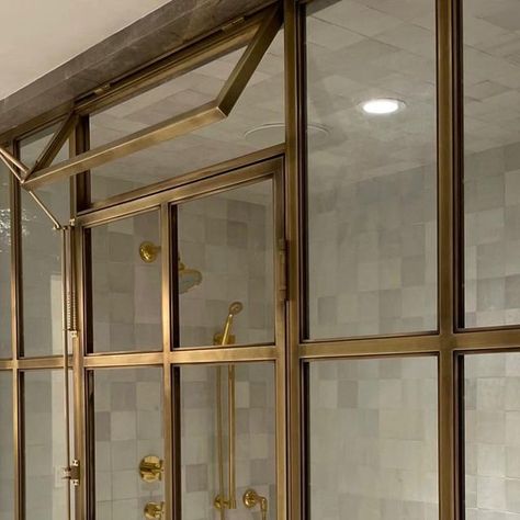 Bananas & Hammocks 🍌 on Instagram: "Hand-patinaed Brass Shower Enclosures for @kirstenmarieinc ✨" Brass Framed Shower Door, Aged Brass Shower Door, Brass Shower Enclosure, Grid Shower Door, Brass Shower Door, Glass Door Shower, Framed Shower Door, Metal Grid, Master Shower