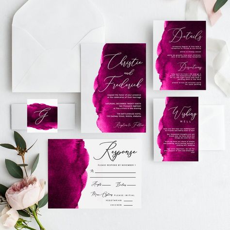 Buy Magenta Watercolor Wedding Invitations Pink Printable Wedding Online in India - Etsy Wedding Invitations Pink, Magenta Watercolor, Fuschia Wedding, Magenta Wedding, Invitations Pink, Fuchsia Wedding, Pink Printable, Diy Invitation, Digital Wedding Invitations