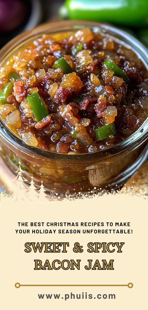 Indulge in the ultimate savory sensation with this Sweet & Spicy Bacon Jam! This delicately balanced spread combines the rich flavors of crispy bacon with the sweetness of brown sugar and maple syrup, contrasted by a delightful heat from fresh jalapeños. Perfect for elevating any meal, this jam transforms ordinary dishes into extraordinary culinary experiences. Sweet And Spicy Bacon Jam, Bacon Habanero Jam, Bacon Jalapeno Jam, Apple Bacon Jam, Pepper Jam Appetizers, Spicy Bacon Jam, Bourbon Bacon Jam, Gift Treats, Bacon Jam Recipe